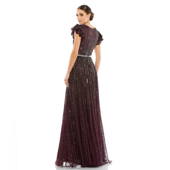 NWT Mac Duggal 5502 Sequined Wrap Over Ruffled Cap Sleeve Gown Blackberry 8 - Picture 2 of 3